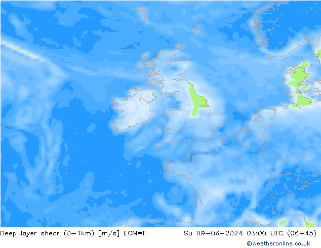 Deep layer shear (0-1km) ECMWF dim 09.06.2024 03 UTC