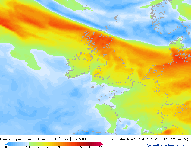 Deep layer shear (0-6km) ECMWF dom 09.06.2024 00 UTC