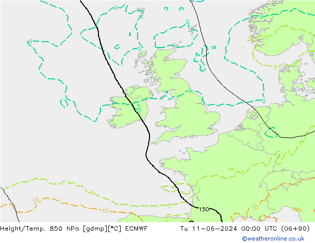 Hoogte/Temp. 850 hPa ECMWF di 11.06.2024 00 UTC