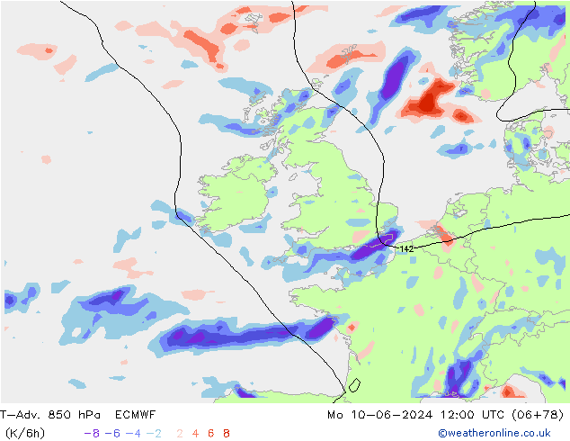 T-Adv. 850 гПа ECMWF пн 10.06.2024 12 UTC