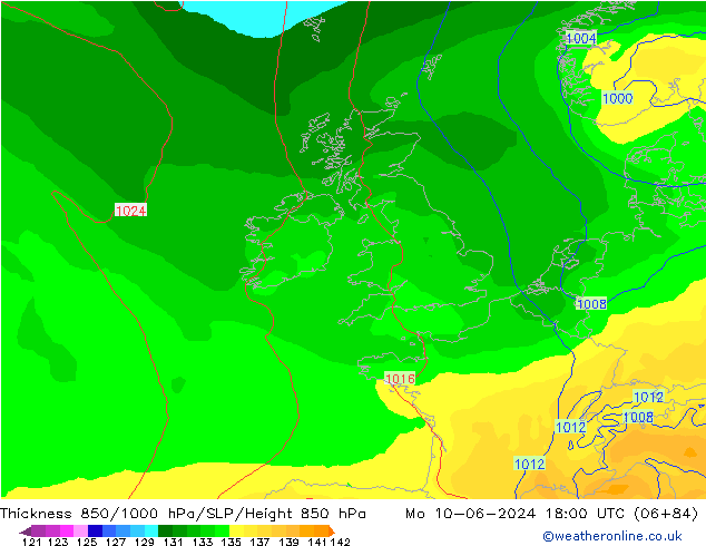 Espesor 850-1000 hPa ECMWF lun 10.06.2024 18 UTC