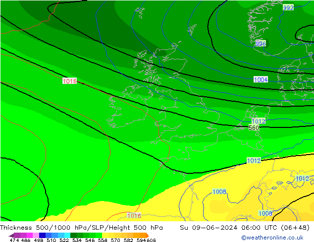 Schichtdicke 500-1000 hPa ECMWF So 09.06.2024 06 UTC