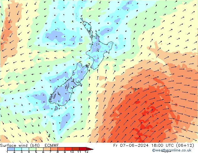 Wind 10 m (bft) ECMWF vr 07.06.2024 18 UTC