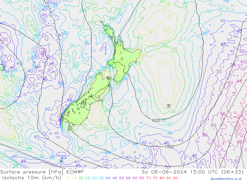 Izotacha (km/godz) ECMWF so. 08.06.2024 15 UTC