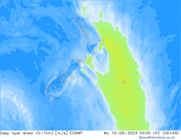 Deep layer shear (0-1km) ECMWF Po 10.06.2024 00 UTC
