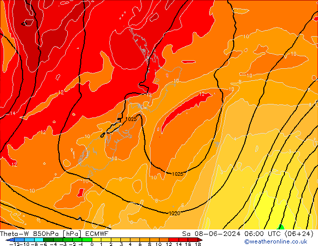 Theta-W 850hPa ECMWF Sa 08.06.2024 06 UTC