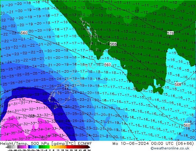 Height/Temp. 500 hPa ECMWF Po 10.06.2024 00 UTC