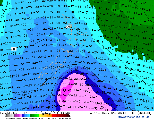 Height/Temp. 500 hPa ECMWF Di 11.06.2024 00 UTC