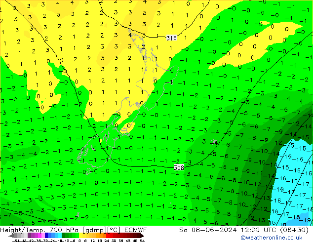 Height/Temp. 700 hPa ECMWF sab 08.06.2024 12 UTC