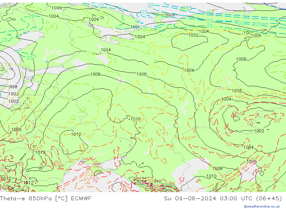 Theta-e 850hPa ECMWF zo 09.06.2024 03 UTC