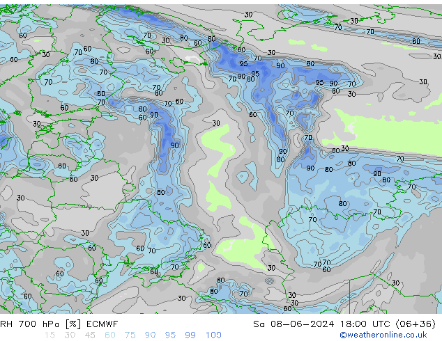 Humedad rel. 700hPa ECMWF sáb 08.06.2024 18 UTC