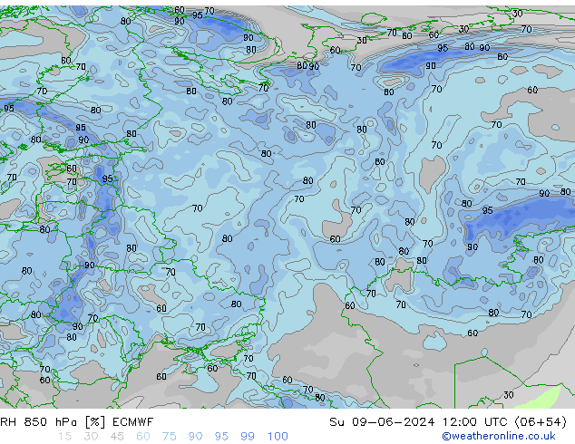 RH 850 hPa ECMWF Su 09.06.2024 12 UTC