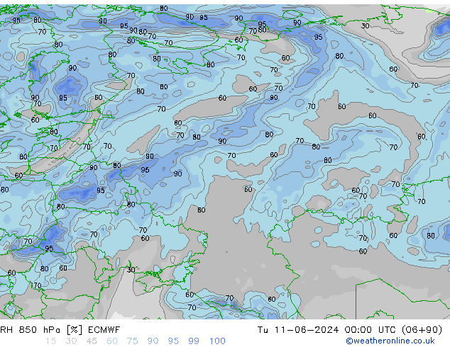 RH 850 hPa ECMWF Tu 11.06.2024 00 UTC