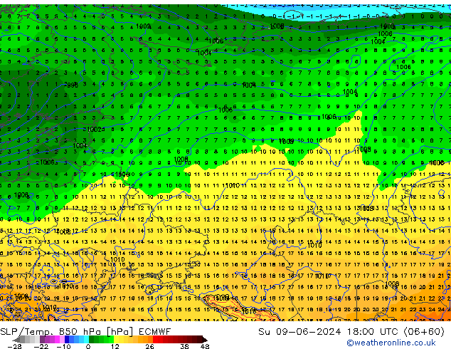 SLP/Temp. 850 гПа ECMWF Вс 09.06.2024 18 UTC