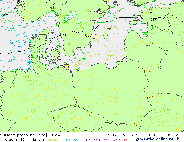Isotachs (kph) ECMWF Pá 07.06.2024 09 UTC