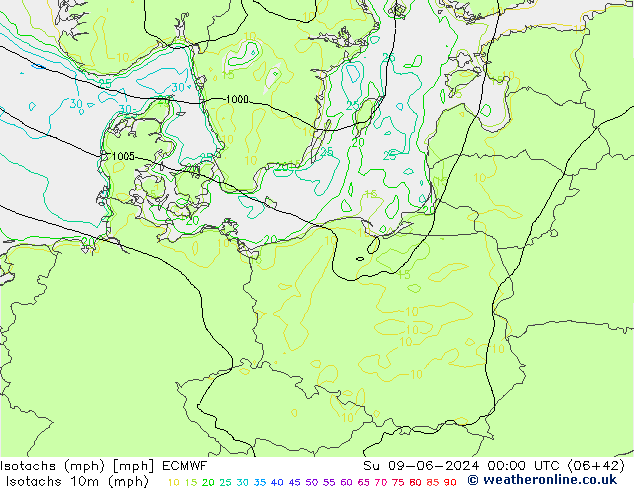 Eşrüzgar Hızları mph ECMWF Paz 09.06.2024 00 UTC