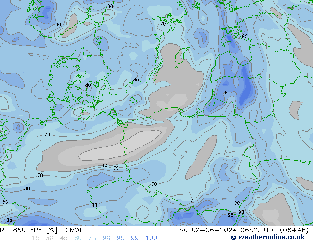 RH 850 hPa ECMWF Ne 09.06.2024 06 UTC