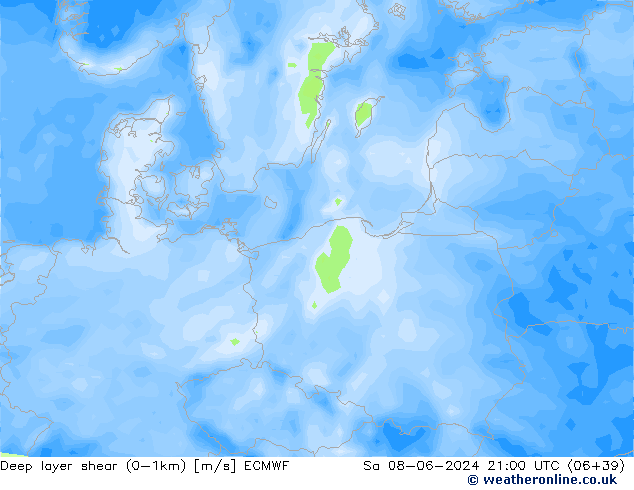 Deep layer shear (0-1km) ECMWF Cts 08.06.2024 21 UTC