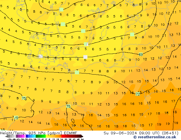 Height/Temp. 925 hPa ECMWF nie. 09.06.2024 09 UTC