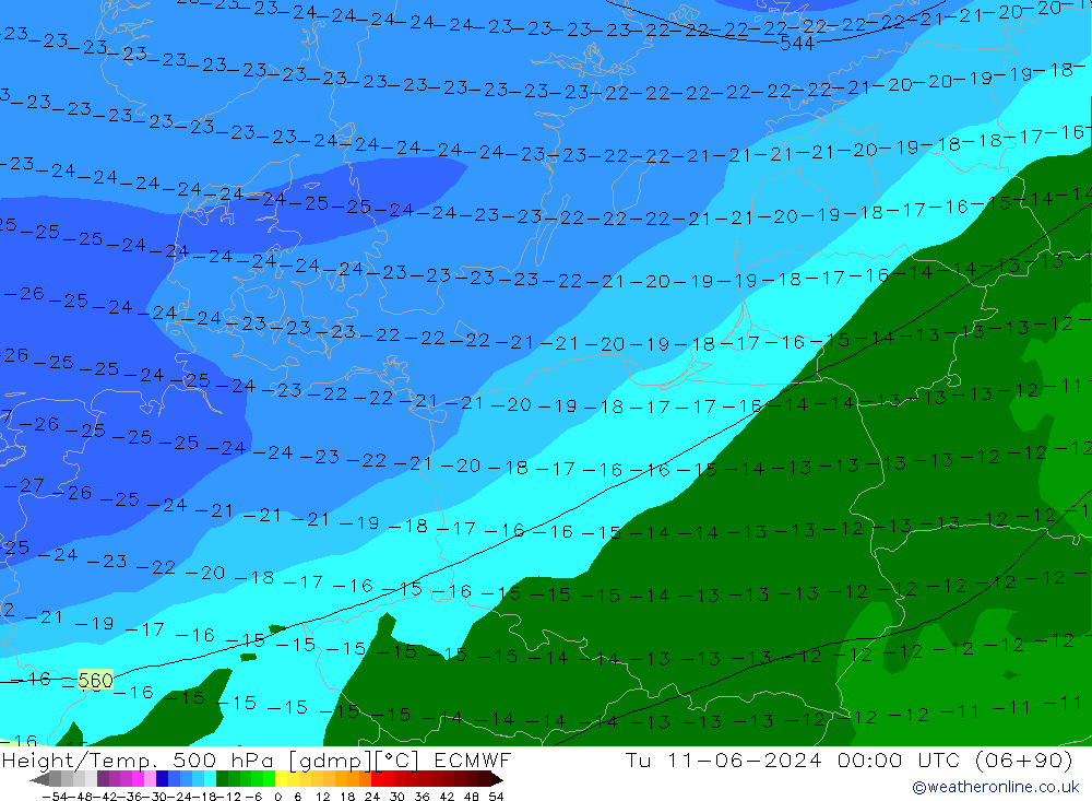 Height/Temp. 500 hPa ECMWF Tu 11.06.2024 00 UTC