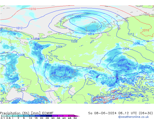 Precipitación (6h) ECMWF sáb 08.06.2024 12 UTC