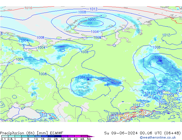 Z500/Rain (+SLP)/Z850 ECMWF Вс 09.06.2024 06 UTC