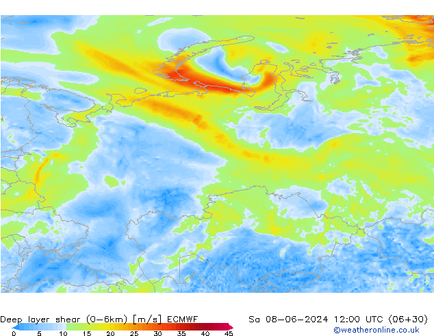 Deep layer shear (0-6km) ECMWF sáb 08.06.2024 12 UTC