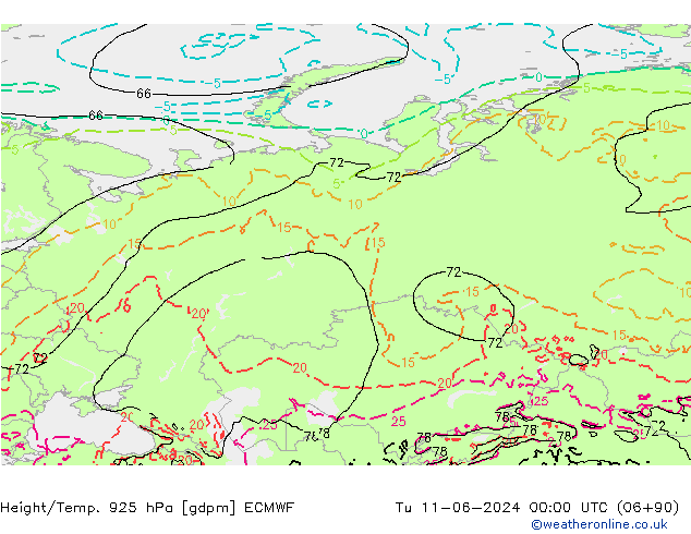 Height/Temp. 925 hPa ECMWF Út 11.06.2024 00 UTC