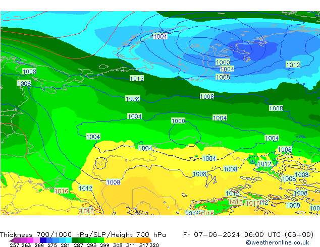 Thck 700-1000 гПа ECMWF пт 07.06.2024 06 UTC