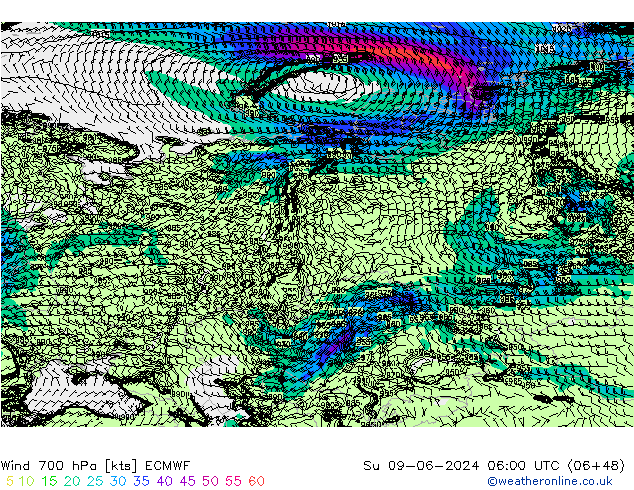 Wind 700 hPa ECMWF Su 09.06.2024 06 UTC