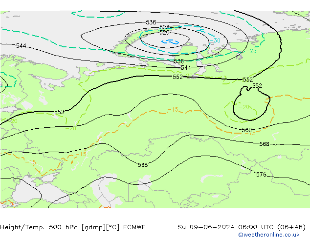 Z500/Rain (+SLP)/Z850 ECMWF Вс 09.06.2024 06 UTC