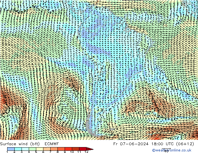 Surface wind (bft) ECMWF Pá 07.06.2024 18 UTC