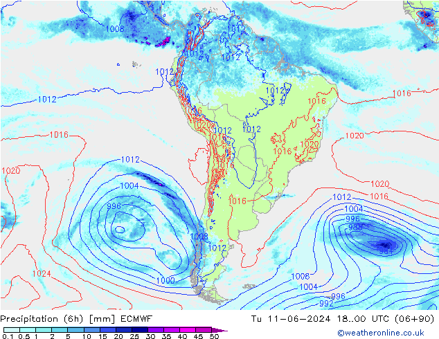 Precipitation (6h) ECMWF Tu 11.06.2024 00 UTC