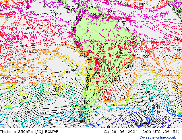 Theta-e 850hPa ECMWF So 09.06.2024 12 UTC