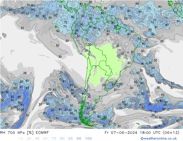 Humidité rel. 700 hPa ECMWF ven 07.06.2024 18 UTC