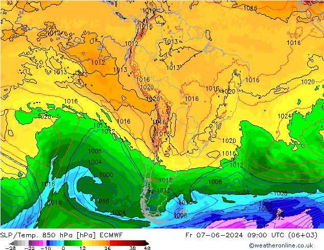 SLP/Temp. 850 hPa ECMWF Fr 07.06.2024 09 UTC