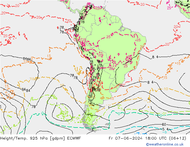 Hoogte/Temp. 925 hPa ECMWF vr 07.06.2024 18 UTC