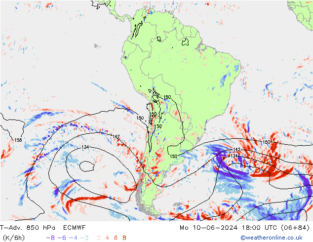 T-Adv. 850 hPa ECMWF pon. 10.06.2024 18 UTC