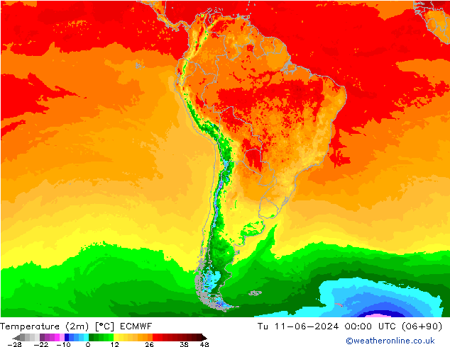 Temperature (2m) ECMWF Tu 11.06.2024 00 UTC