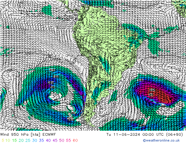 wiatr 950 hPa ECMWF wto. 11.06.2024 00 UTC