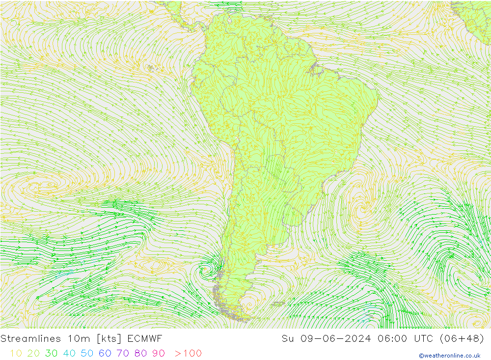 Ligne de courant 10m ECMWF dim 09.06.2024 06 UTC