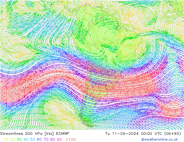 Streamlines 200 hPa ECMWF Tu 11.06.2024 00 UTC