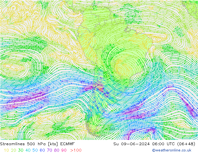 Línea de corriente 500 hPa ECMWF dom 09.06.2024 06 UTC