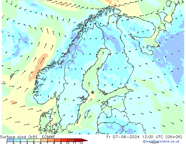 Surface wind (bft) ECMWF Fr 07.06.2024 12 UTC