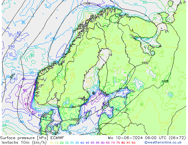 Izotacha (km/godz) ECMWF pon. 10.06.2024 06 UTC