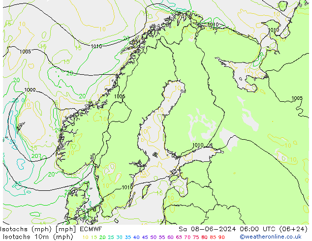 Isotachen (mph) ECMWF Sa 08.06.2024 06 UTC