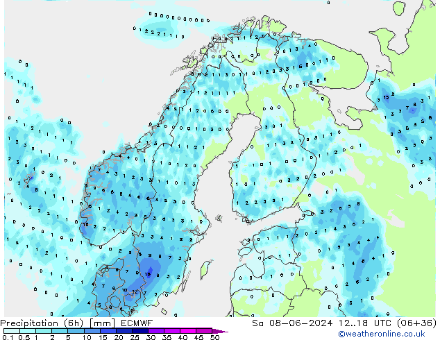 Precipitation (6h) ECMWF Sa 08.06.2024 18 UTC