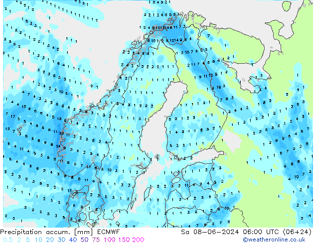 Nied. akkumuliert ECMWF Sa 08.06.2024 06 UTC