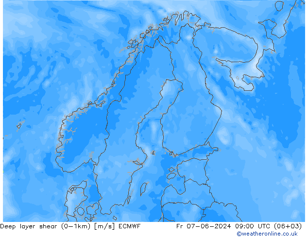 Deep layer shear (0-1km) ECMWF vr 07.06.2024 09 UTC