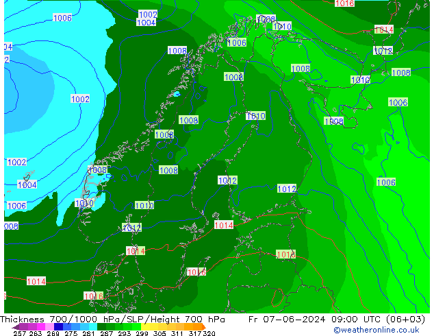 Espesor 700-1000 hPa ECMWF vie 07.06.2024 09 UTC